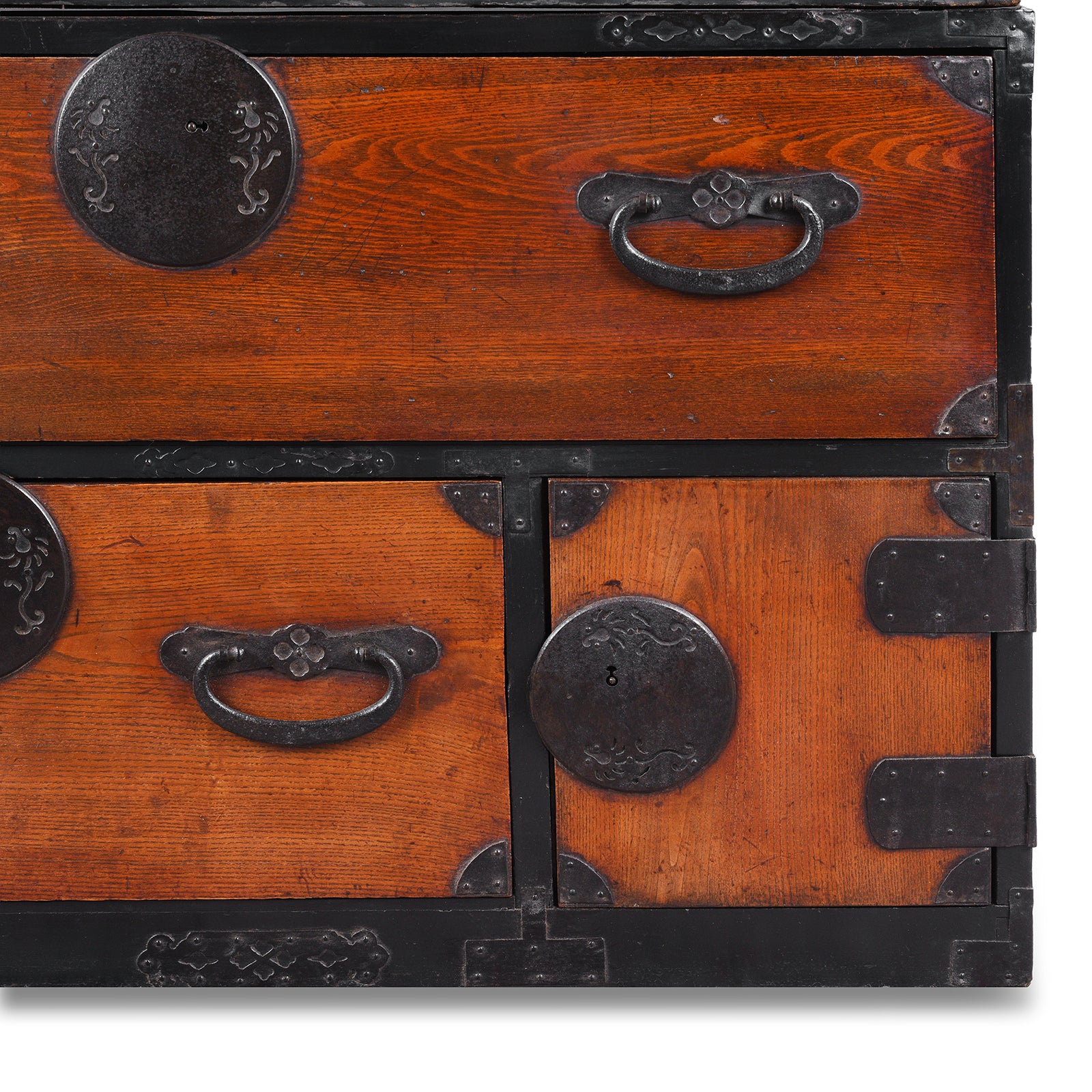 Bottom Corner Detail From Kasane Isho Dansu Edo Period Japanese Chest With Red Elm Drawers And Iron Hardware | Indigo Antiques