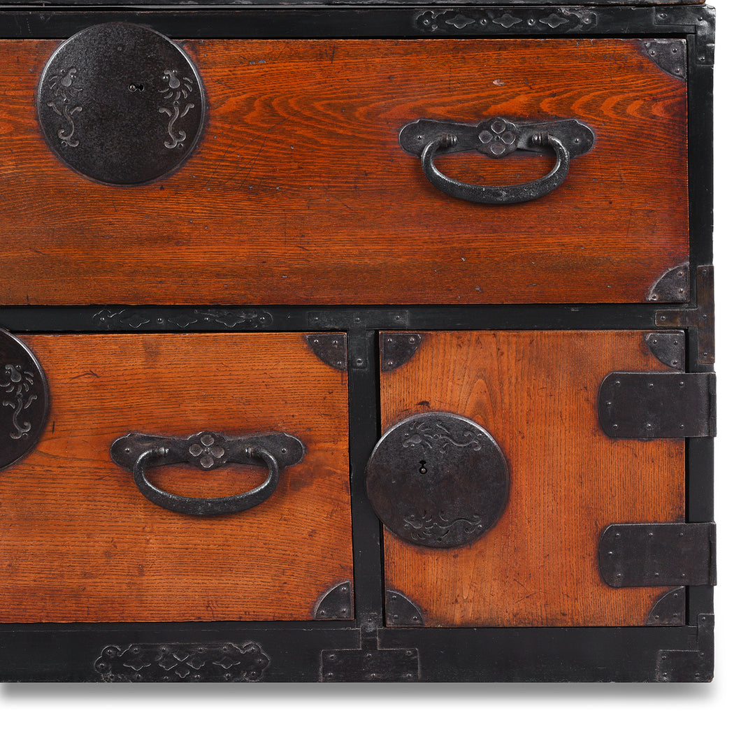 Bottom Corner Detail From Kasane Isho Dansu Edo Period Japanese Chest With Red Elm Drawers And Iron Hardware | Indigo Antiques