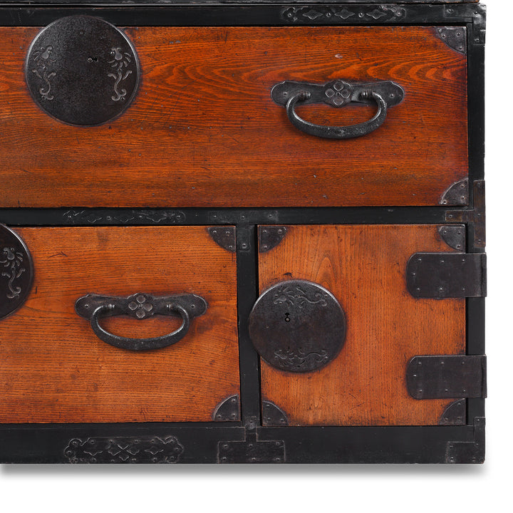 Bottom Corner Detail From Kasane Isho Dansu Edo Period Japanese Chest With Red Elm Drawers And Iron Hardware | Indigo Antiques