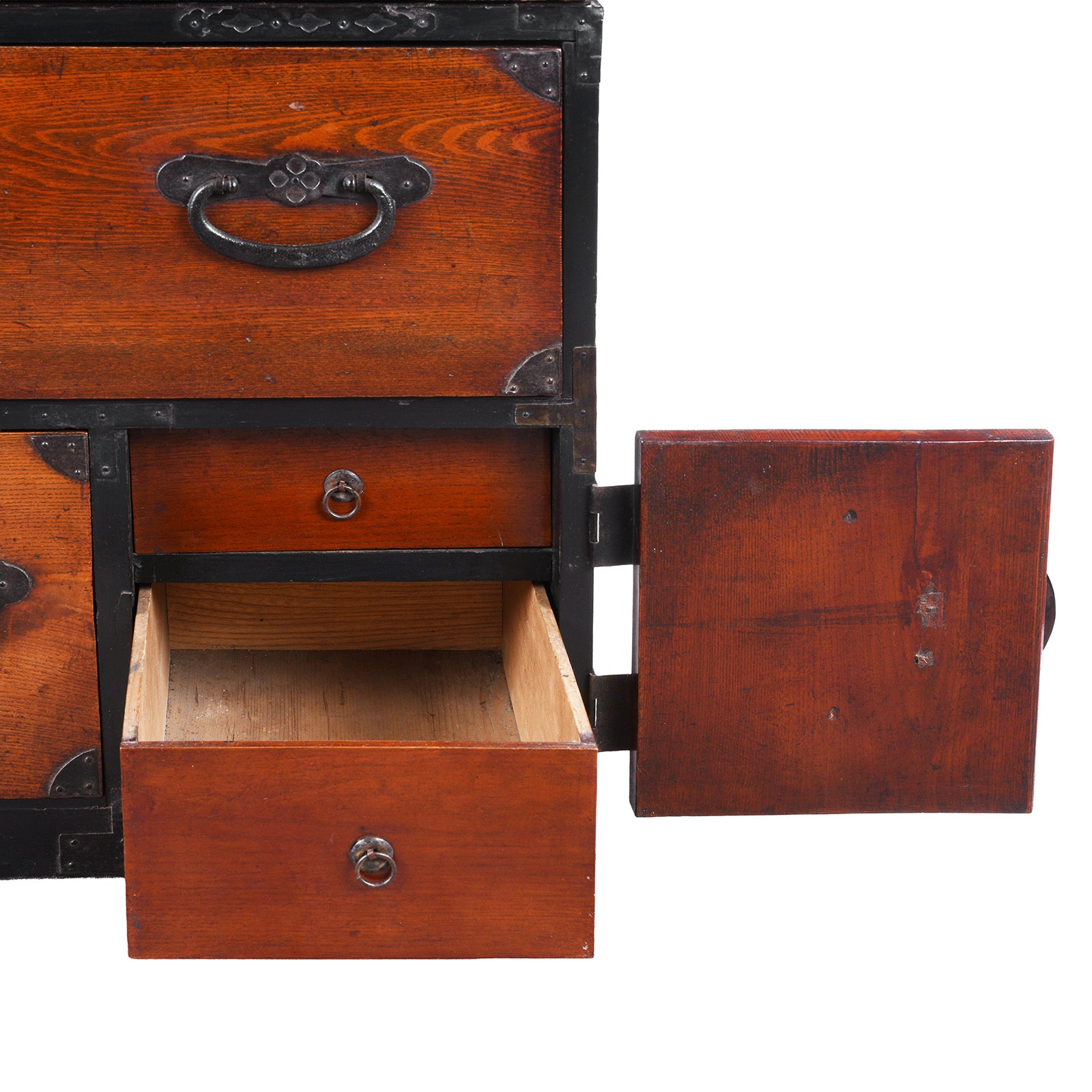Interior Detail From Small Compartment On Kasane Isho Dansu Edo Period Japanese Chest With Red Elm Drawers And Iron Hardware | Indigo Antiques