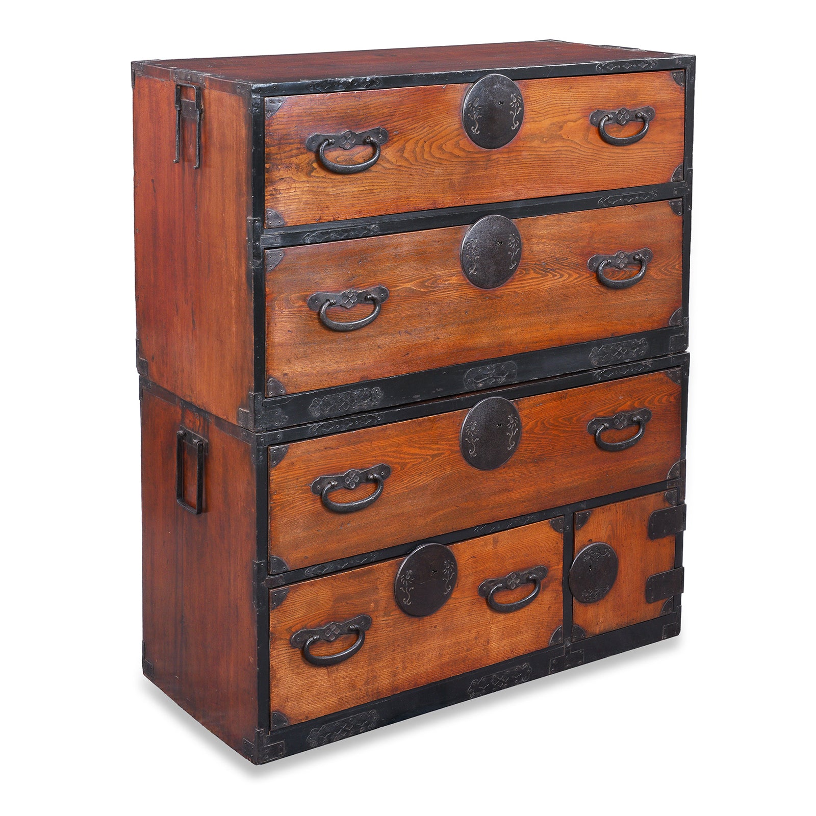 Angled VIew Of Kasane Isho Dansu Edo Period Japanese Chest With Red Elm Drawers And Iron Hardware | Indigo Antiques