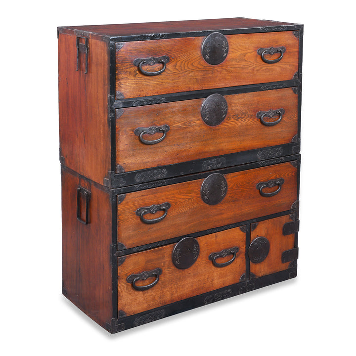 Angled VIew Of Kasane Isho Dansu Edo Period Japanese Chest With Red Elm Drawers And Iron Hardware | Indigo Antiques