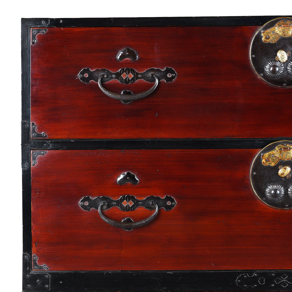 Corner Detail From Antique Japanese Edo Period Red Lacquer Kasane Tansu Clothing Chest With Iron And Brass Hardw
