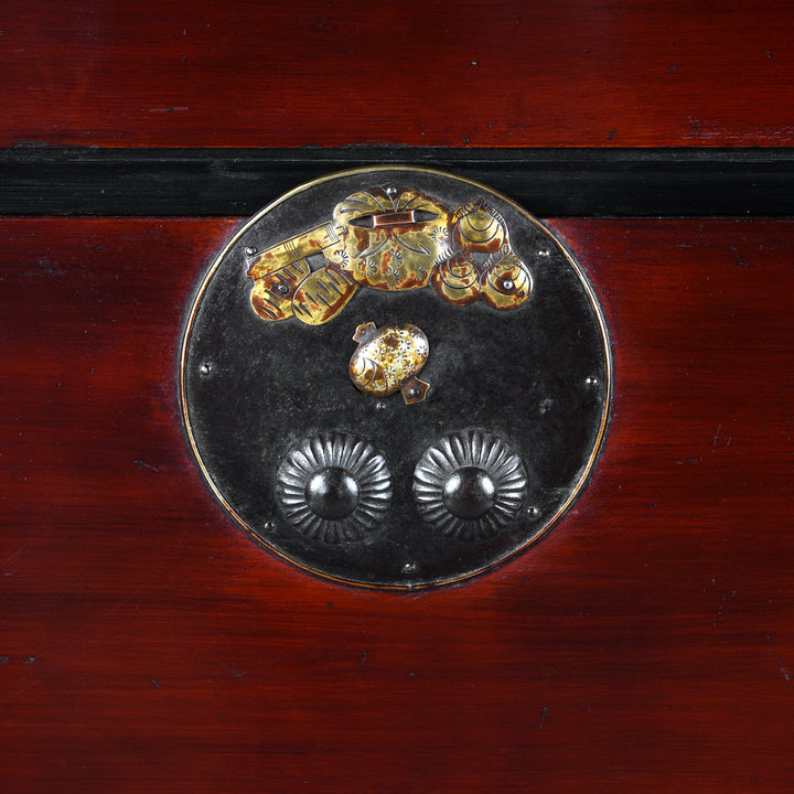 Ironwork Detail FroAntique Japanese Edo Period Red Lacquer Kasane Tansu Clothing Chest With Iron And Brass Hardware