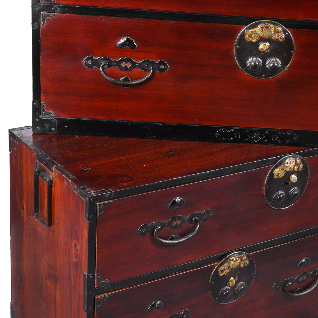 Separation Detail From Detail FroAntique Japanese Edo Period Red Lacquer Kasane Tansu Clothing Chest With Iron And Brass Hardware