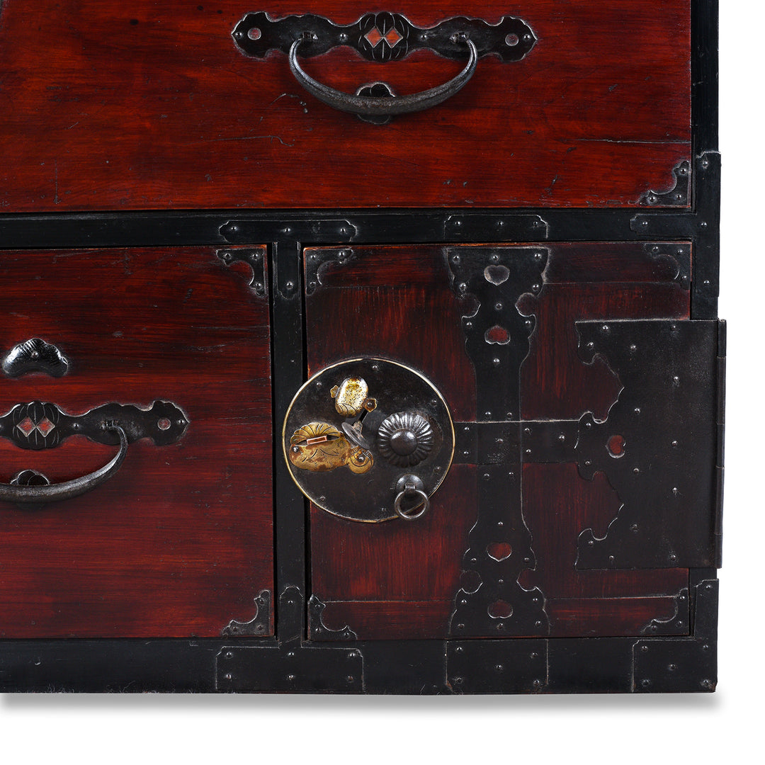 Lower Hatch Detail From Detail FroAntique Japanese Edo Period Red Lacquer Kasane Tansu Clothing Chest With Iron And Brass Hardware