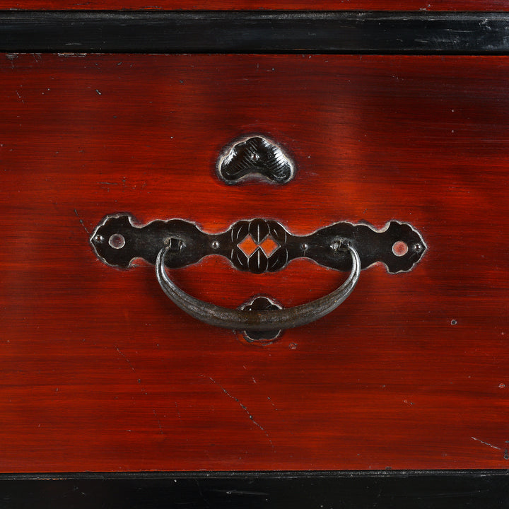 Handle Detail From Detail FroAntique Japanese Edo Period Red Lacquer Kasane Tansu Clothing Chest With Iron And Brass Hardware