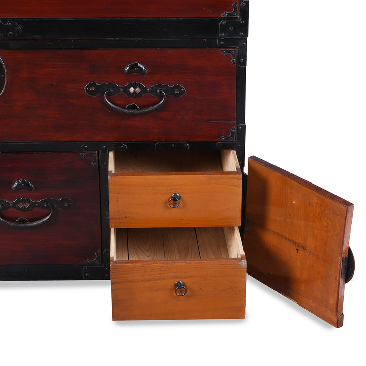 Bottom Drawers Detail From Detail FroAntique Japanese Edo Period Red Lacquer Kasane Tansu Clothing Chest With Iron And Brass Hardware