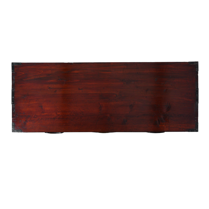 Top Down View Of Detail FroAntique Japanese Edo Period Red Lacquer Kasane Tansu Clothing Chest With Iron And Brass Hardware