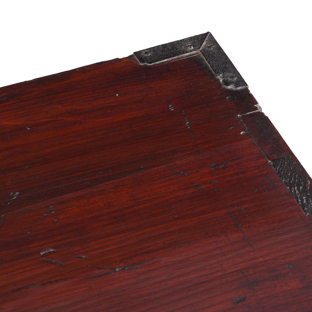 Corner Detail From Detail FroAntique Japanese Edo Period Red Lacquer Kasane Tansu Clothing Chest With Iron And Brass Hardware