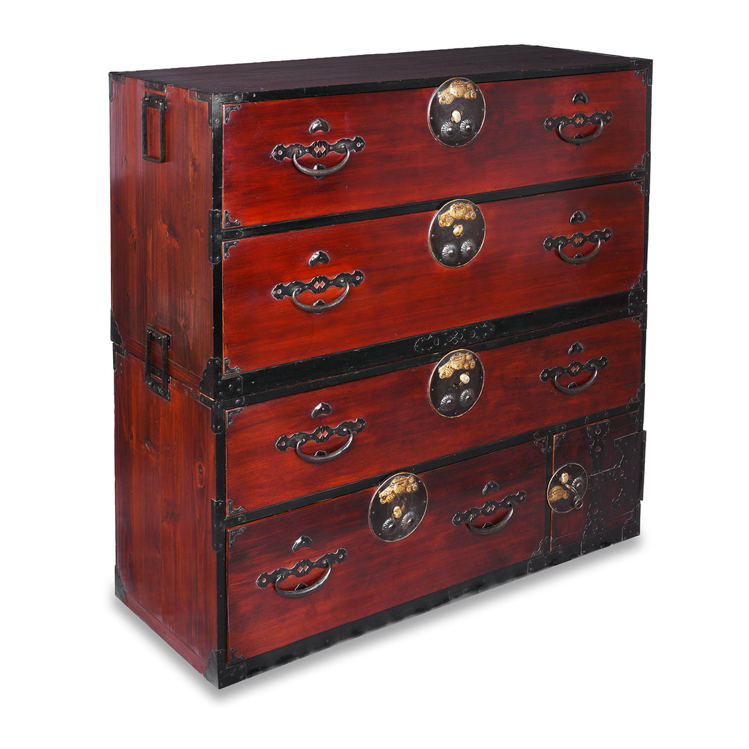 Angled View Of Detail FroAntique Japanese Edo Period Red Lacquer Kasane Tansu Clothing Chest With Iron And Brass Hardware