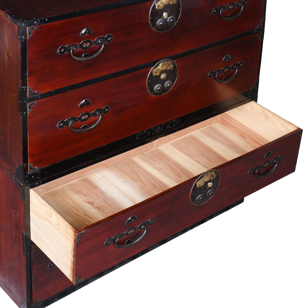 Drawer Interior From Detail FroAntique Japanese Edo Period Red Lacquer Kasane Tansu Clothing Chest With Iron And Brass Hardware