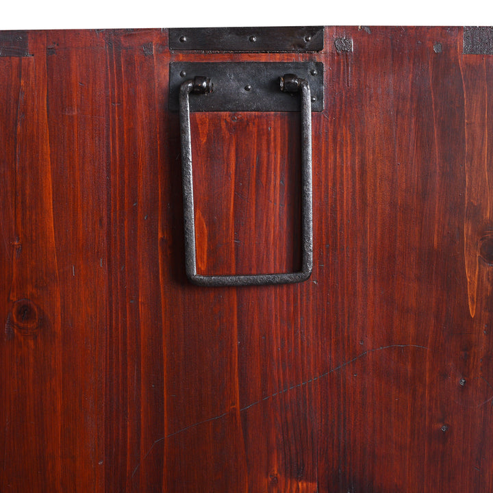 Carry Handle Detail From Detail FroAntique Japanese Edo Period Red Lacquer Kasane Tansu Clothing Chest With Iron And Brass Hardware