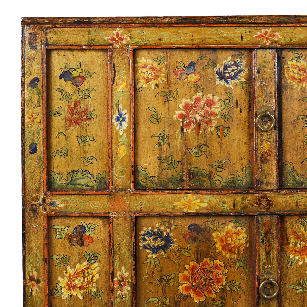 Corner Detail Showing Artwork On Antique Tibetan Altar Cabinet with Original Painting | Indigo Antiques