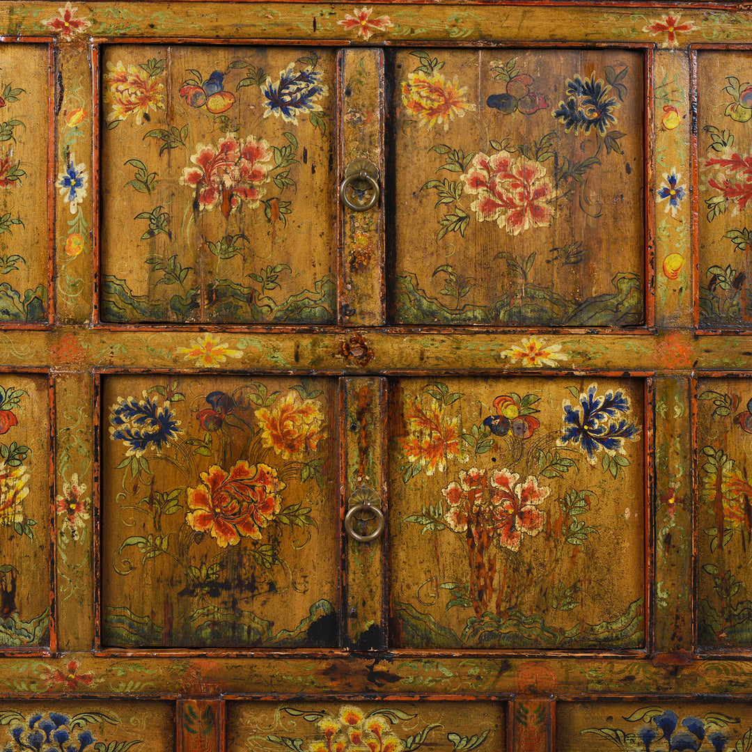 Artwork Detail On Panel Doors From Antique Tibetan Altar Cabinet with Original Painting | Indigo Antiques