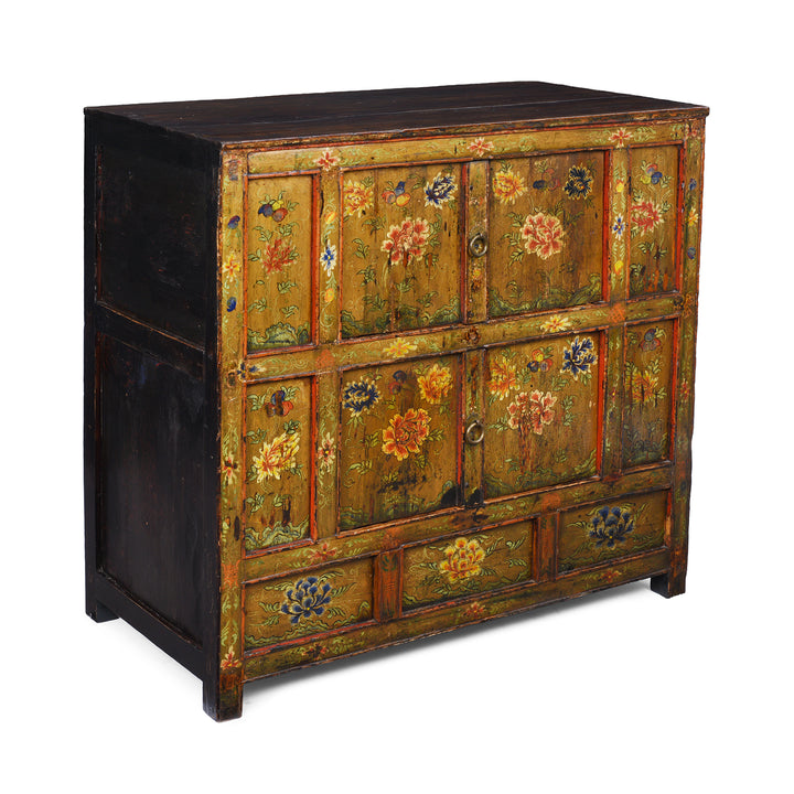 Angled View Of Antique Tibetan Altar Cabinet with Original Painting | Indigo Antiques