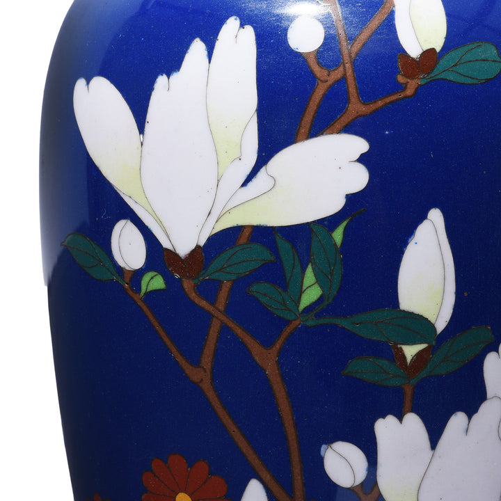 Magnolia Detail From Antique Japanese Cloisonne Vase - Deep Blue - Meiji Period | Indigo Antiques
