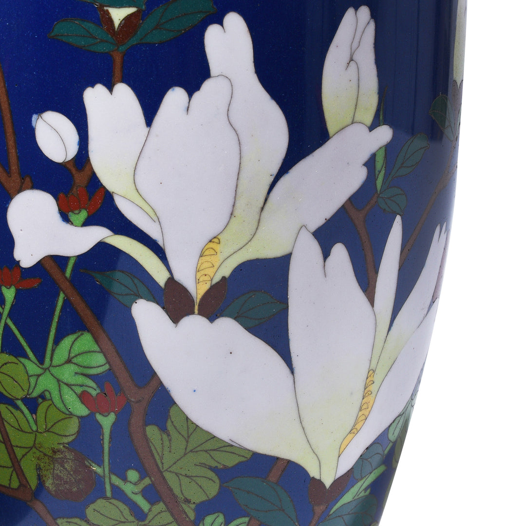 Magnolia Detail From Antique Japanese Cloisonne Vase - Deep Blue - Meiji Period | Indigo Antiques