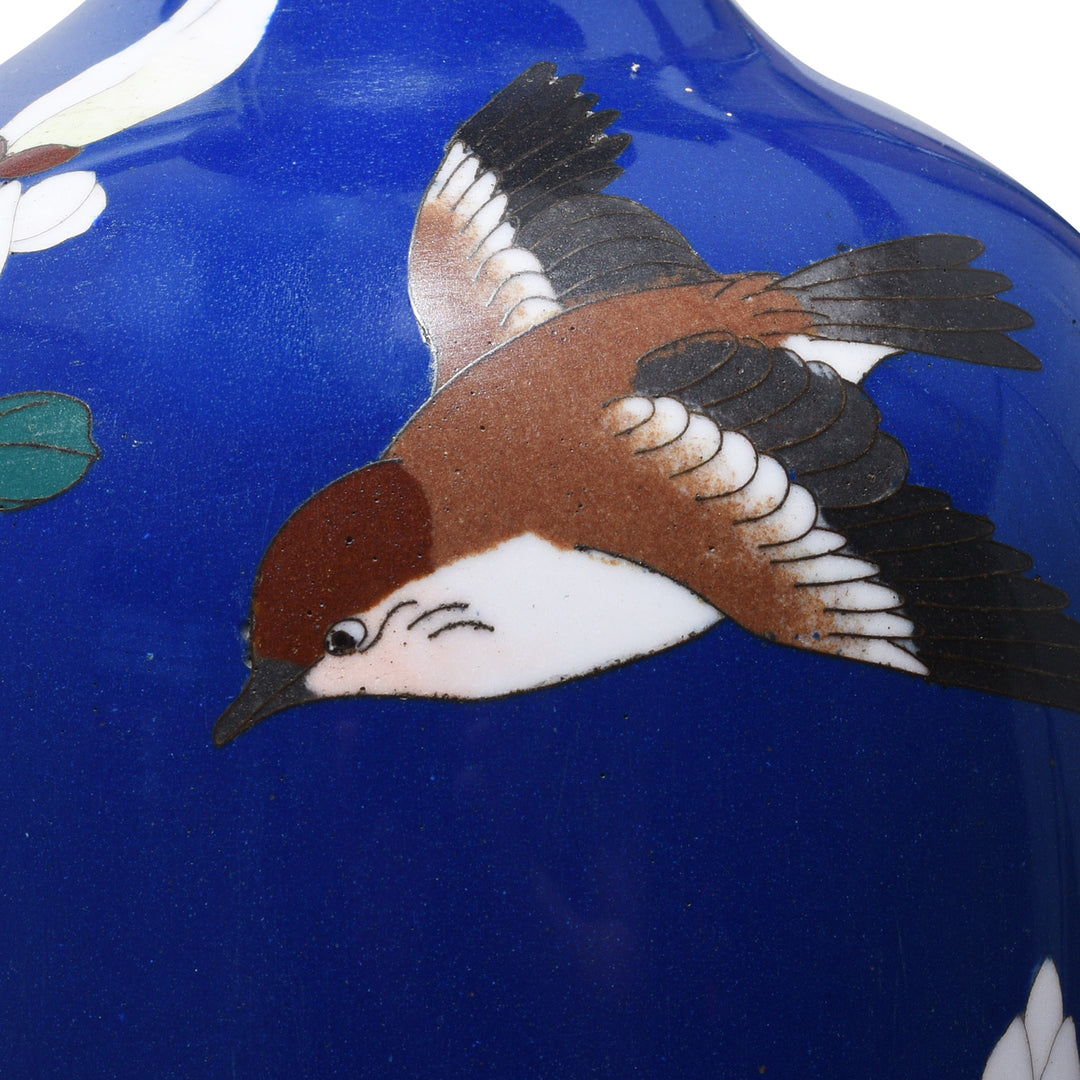 Bird Detail From Antique Japanese Cloisonne Vase - Deep Blue - Meiji Period | Indigo Antiques