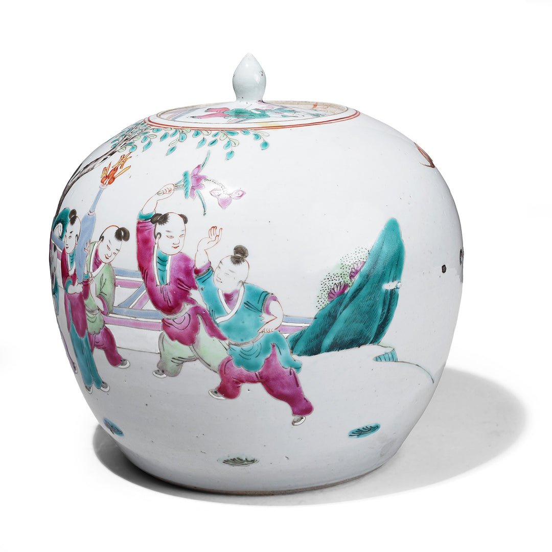 Back Of Chinese Famille Rose Porcelain Ginger Jar And Cover With Hand Painted Figural Garden Scenes Qing Dynasty 19th Century | Indigo Antiques