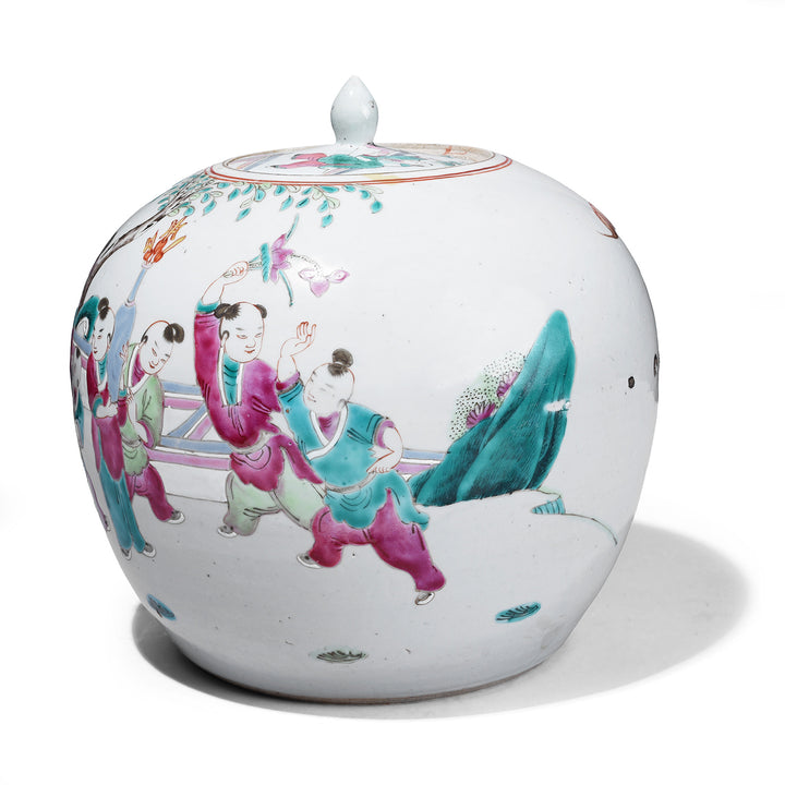 Back Of Chinese Famille Rose Porcelain Ginger Jar And Cover With Hand Painted Figural Garden Scenes Qing Dynasty 19th Century | Indigo Antiques
