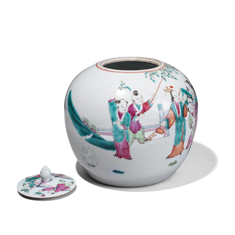 Lid Off View Of Chinese Famille Rose Porcelain Ginger Jar And Cover With Hand Painted Figural Garden Scenes Qing Dynasty 19th Century | Indigo Antiques