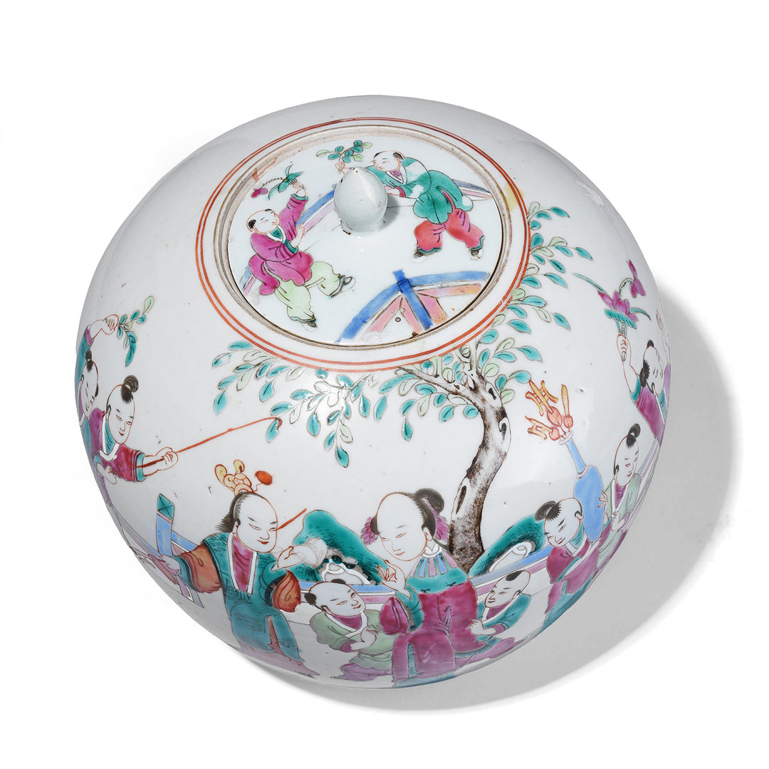 Top Down VIew Of Chinese Famille Rose Porcelain Ginger Jar And Cover With Hand Painted Figural Garden Scenes Qing Dynasty 19th Century | Indigo Antiques