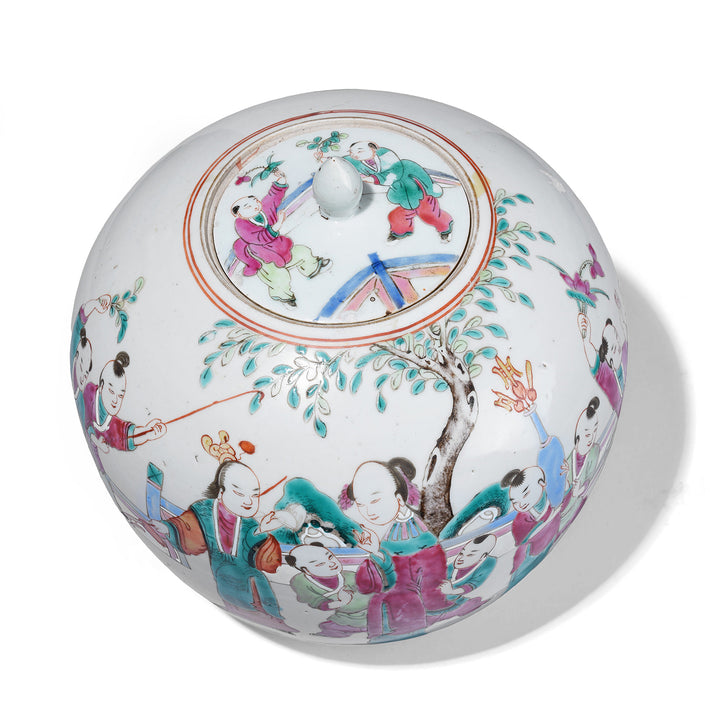 Top Down VIew Of Chinese Famille Rose Porcelain Ginger Jar And Cover With Hand Painted Figural Garden Scenes Qing Dynasty 19th Century | Indigo Antiques
