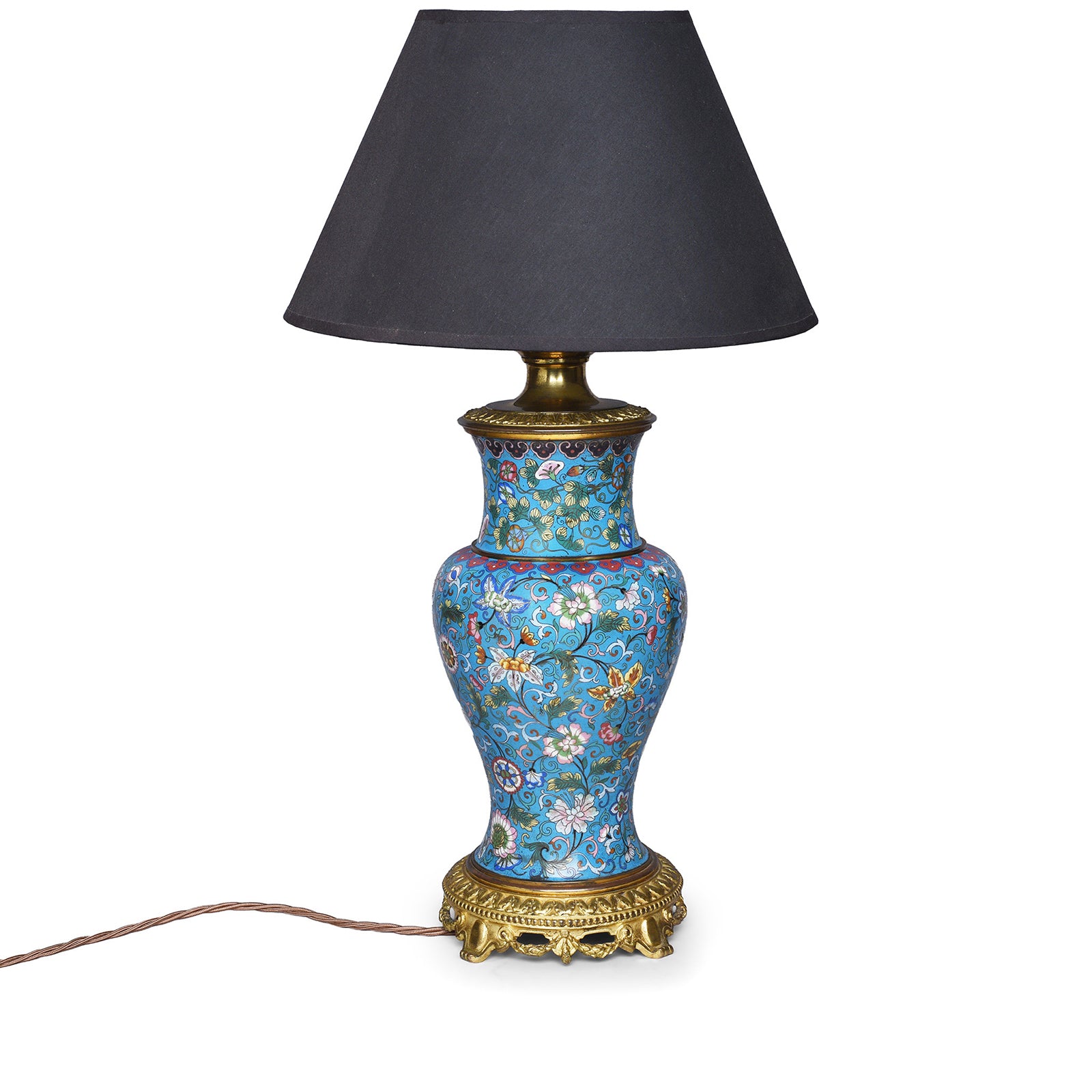 Large Chinese Cloisonné Vase Table Lamp With Floral Enamel Decoration And Gilt Base