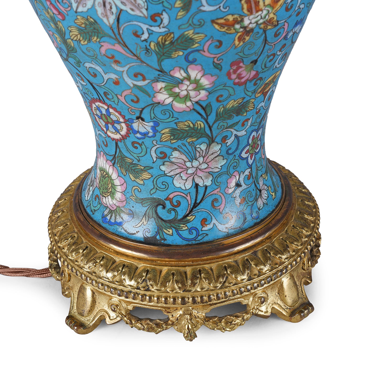 Base Detail From Large Chinese Cloisonné Vase Table Lamp With Floral Enamel Decoration And Gilt Base