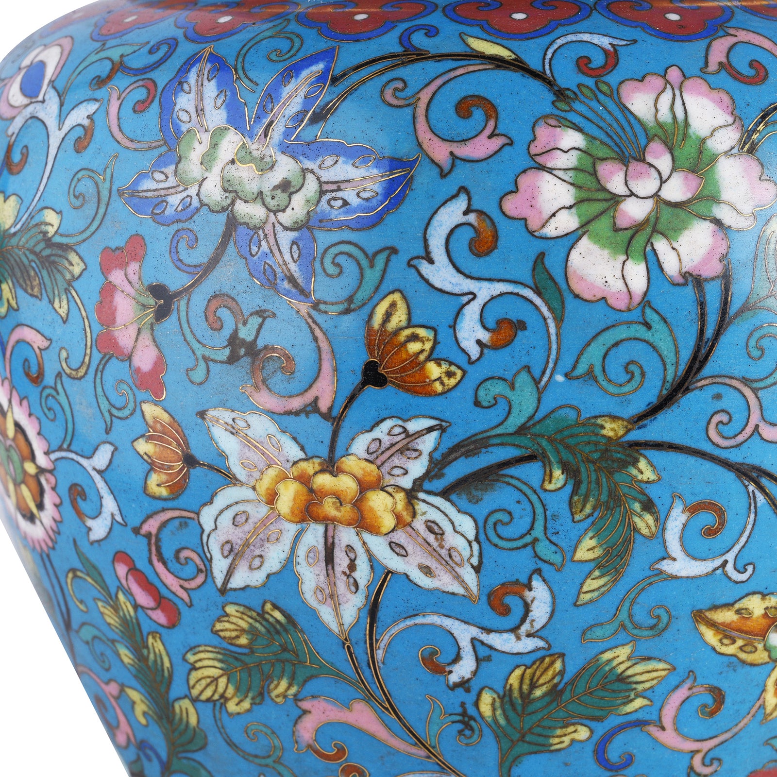 Detailing From Large Chinese Cloisonné Vase Table Lamp With Floral Enamel Decoration And Gilt Base