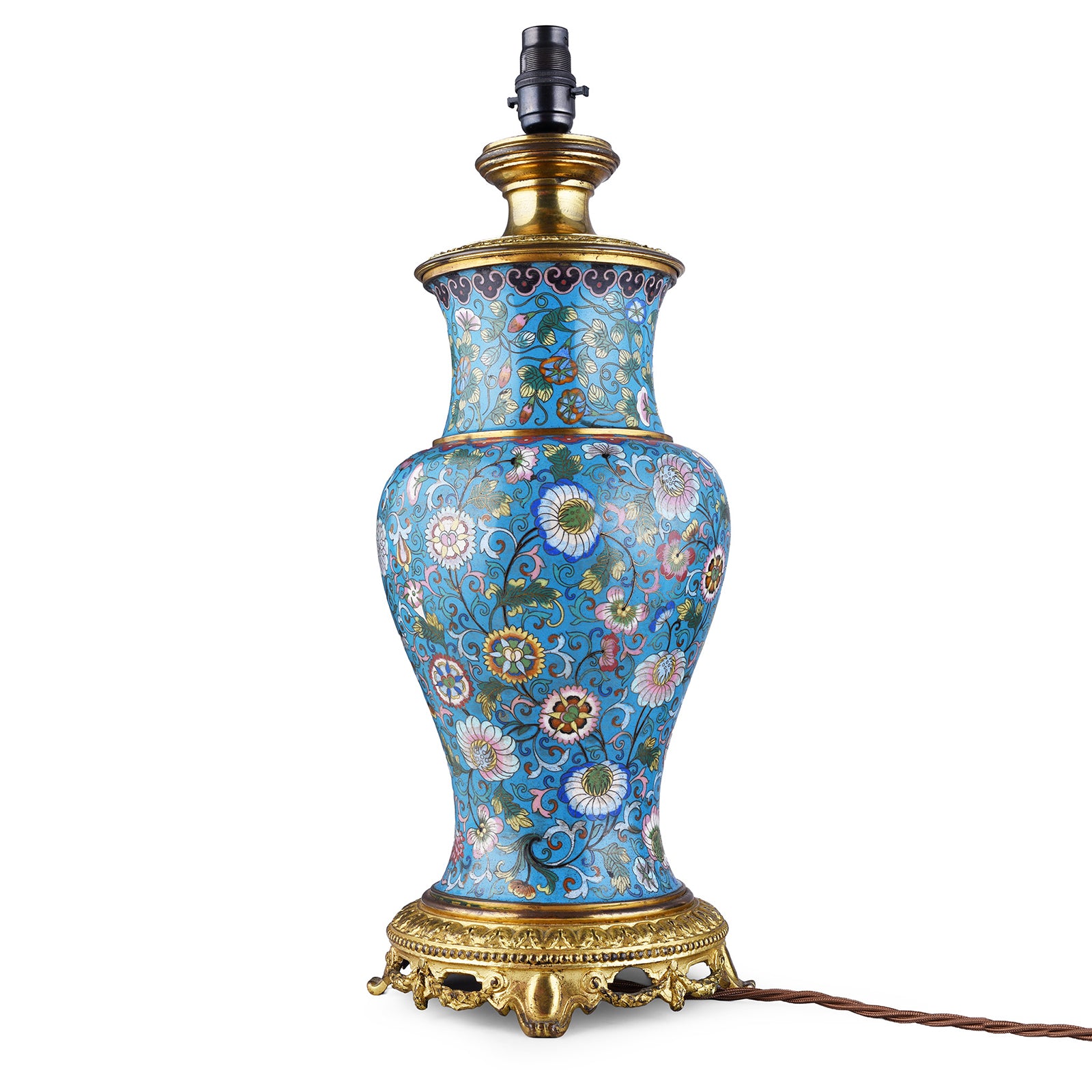 Large Chinese Cloisonné Vase Table Lamp With Floral Enamel Decoration And Gilt Base