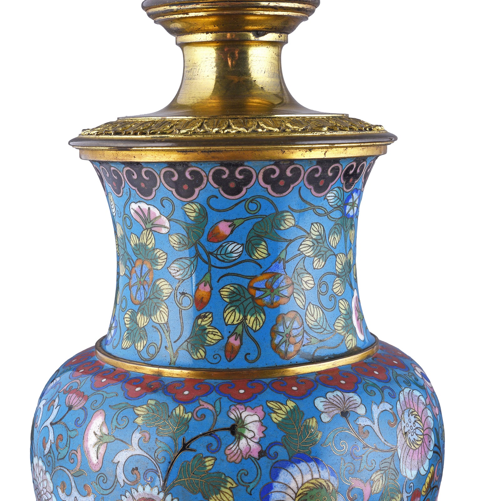 Detailing From Large Chinese Cloisonné Vase Table Lamp With Floral Enamel Decoration And Gilt Base
