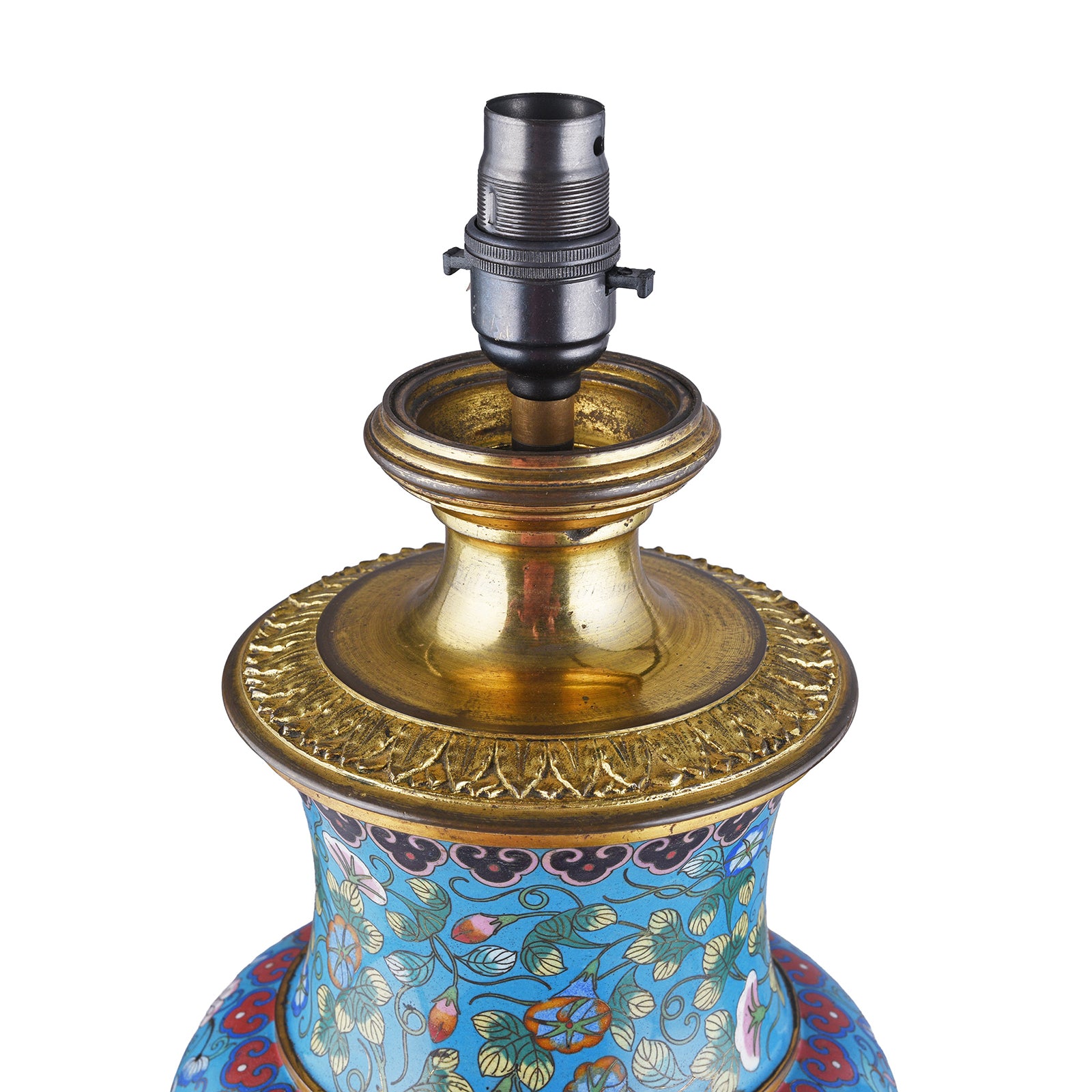 Detail From Large Chinese Cloisonné Vase Table Lamp With Floral Enamel Decoration And Gilt Base