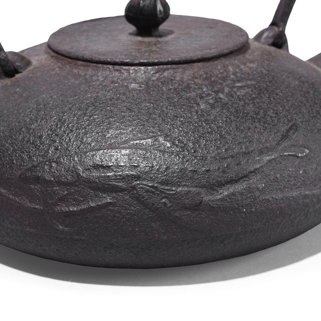 Fish Detail From Edo Period Japanese Cast Iron Kettle with Bamboo Mats | Indigo Antiques