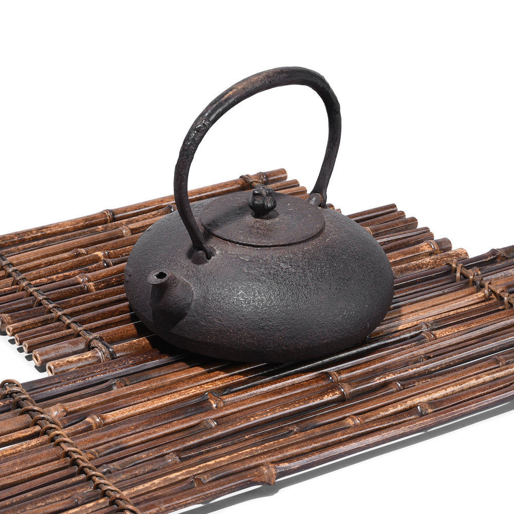 Edo Period Japanese Cast Iron Kettle with Bamboo Mats | Indigo Antiques