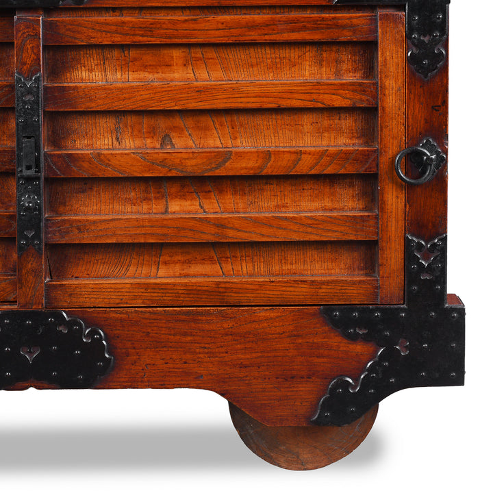 Wheel Detai From Japanese Edo Period Yonezawa Kuruma Dansu In Keyaki Wood With Urushi Lacquer Original Ironwork Sliding Doors Hidden Drawers And Wheels | Indigo Antiques