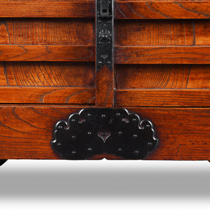 Ironwork Detail From Japanese Edo Period Yonezawa Kuruma Dansu In Keyaki Wood With Urushi Lacquer Original Ironwork Sliding Doors Hidden Drawers And Wheels | Indigo Antiques