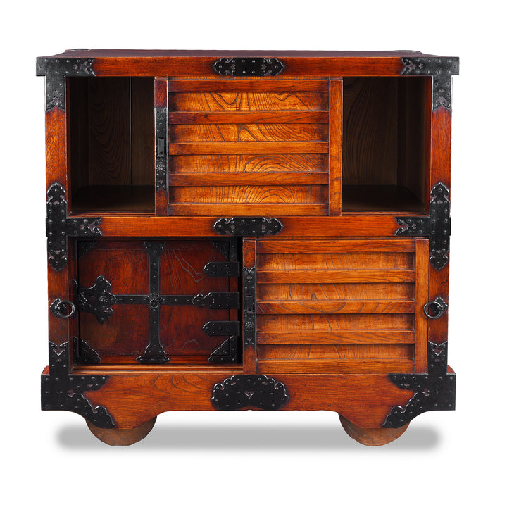 Interior Of Japanese Edo Period Yonezawa Kuruma Dansu In Keyaki Wood With Urushi Lacquer Original Ironwork Sliding Doors Hidden Drawers And Wheels | Indigo Antiques