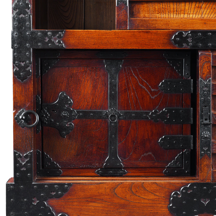 Lower Compartment Detail From Japanese Edo Period Yonezawa Kuruma Dansu In Keyaki Wood With Urushi Lacquer Original Ironwork Sliding Doors Hidden Drawers And Wheels | Indigo Antiques