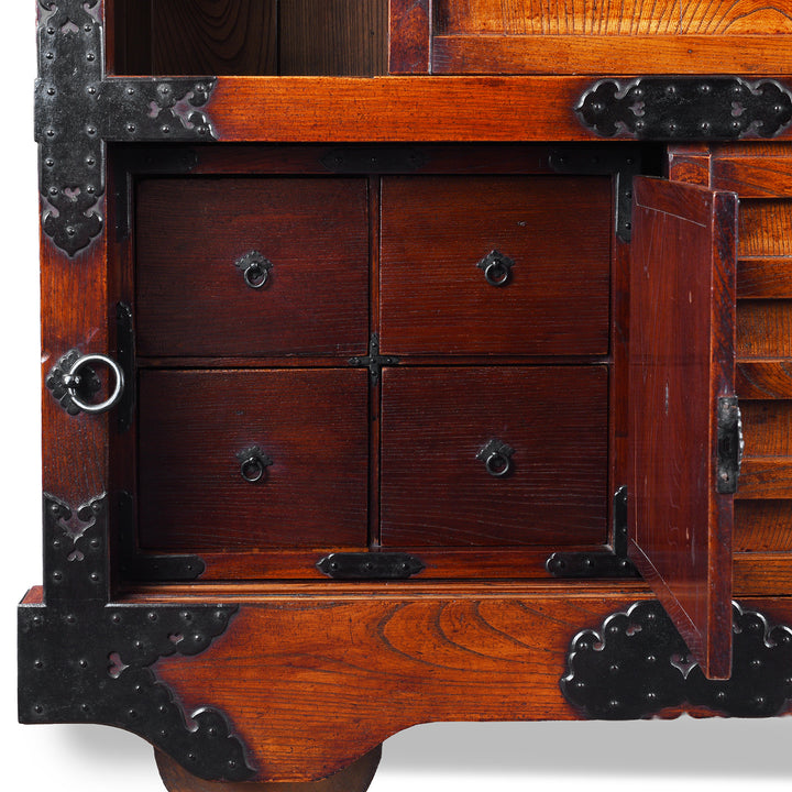 Drawer Detail From Japanese Edo Period Yonezawa Kuruma Dansu In Keyaki Wood With Urushi Lacquer Original Ironwork Sliding Doors Hidden Drawers And Wheels | Indigo Antiques