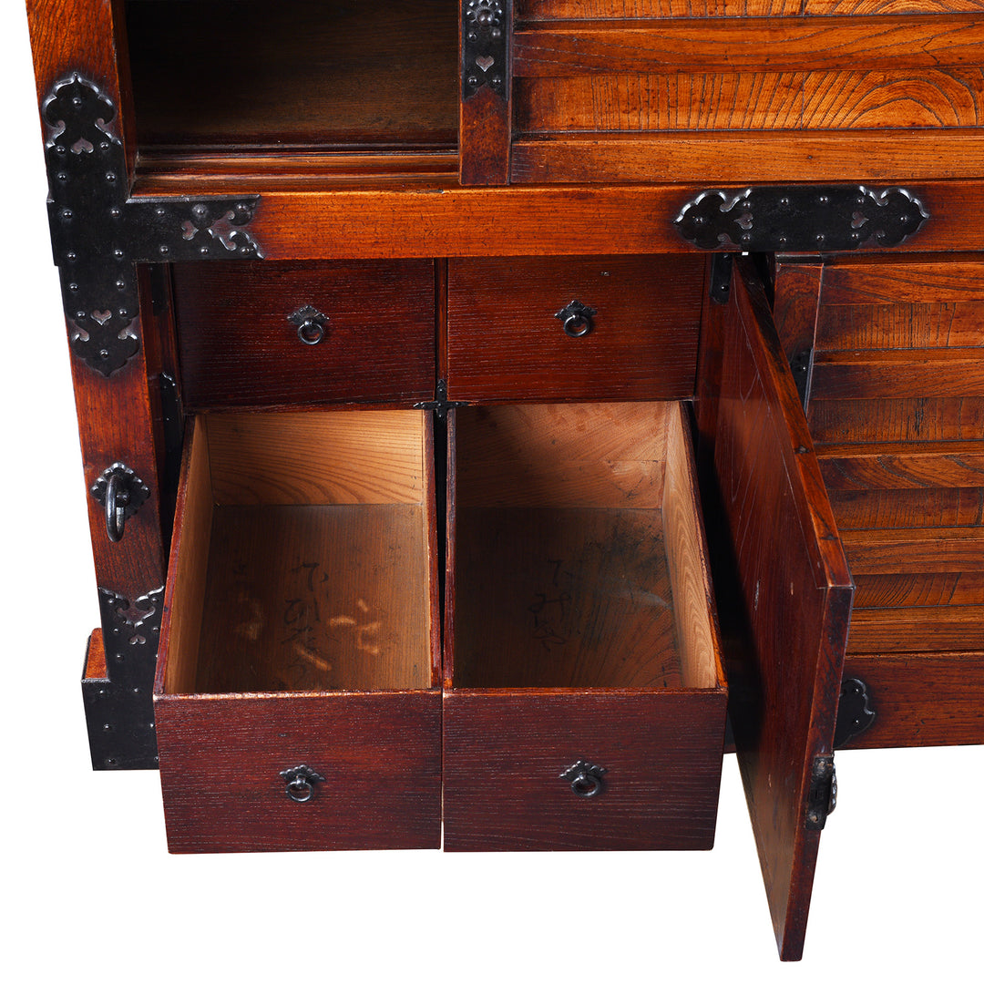 Open Drawer Detail From Japanese Edo Period Yonezawa Kuruma Dansu In Keyaki Wood With Urushi Lacquer Original Ironwork Sliding Doors Hidden Drawers And Wheels | Indigo Antiques
