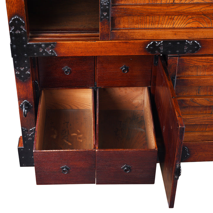 Open Drawer Detail From Japanese Edo Period Yonezawa Kuruma Dansu In Keyaki Wood With Urushi Lacquer Original Ironwork Sliding Doors Hidden Drawers And Wheels | Indigo Antiques