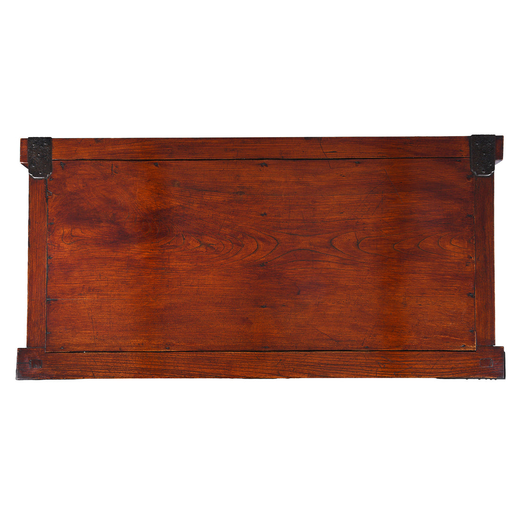 Top Down View Of Japanese Edo Period Yonezawa Kuruma Dansu In Keyaki Wood With Urushi Lacquer Original Ironwork Sliding Doors Hidden Drawers And Wheels | Indigo Antiques