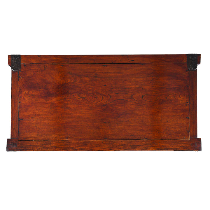 Top Down View Of Japanese Edo Period Yonezawa Kuruma Dansu In Keyaki Wood With Urushi Lacquer Original Ironwork Sliding Doors Hidden Drawers And Wheels | Indigo Antiques