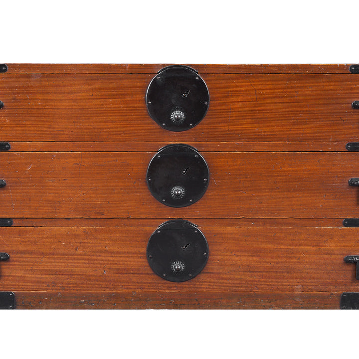 Lock Plates Detail From Japanese Edo Period Katana Dansu Sword Chest In Cryptomeria With Three Long Drawers Hand Forged Iron Fittings And Side Carrying Handles | Indigo Antiques