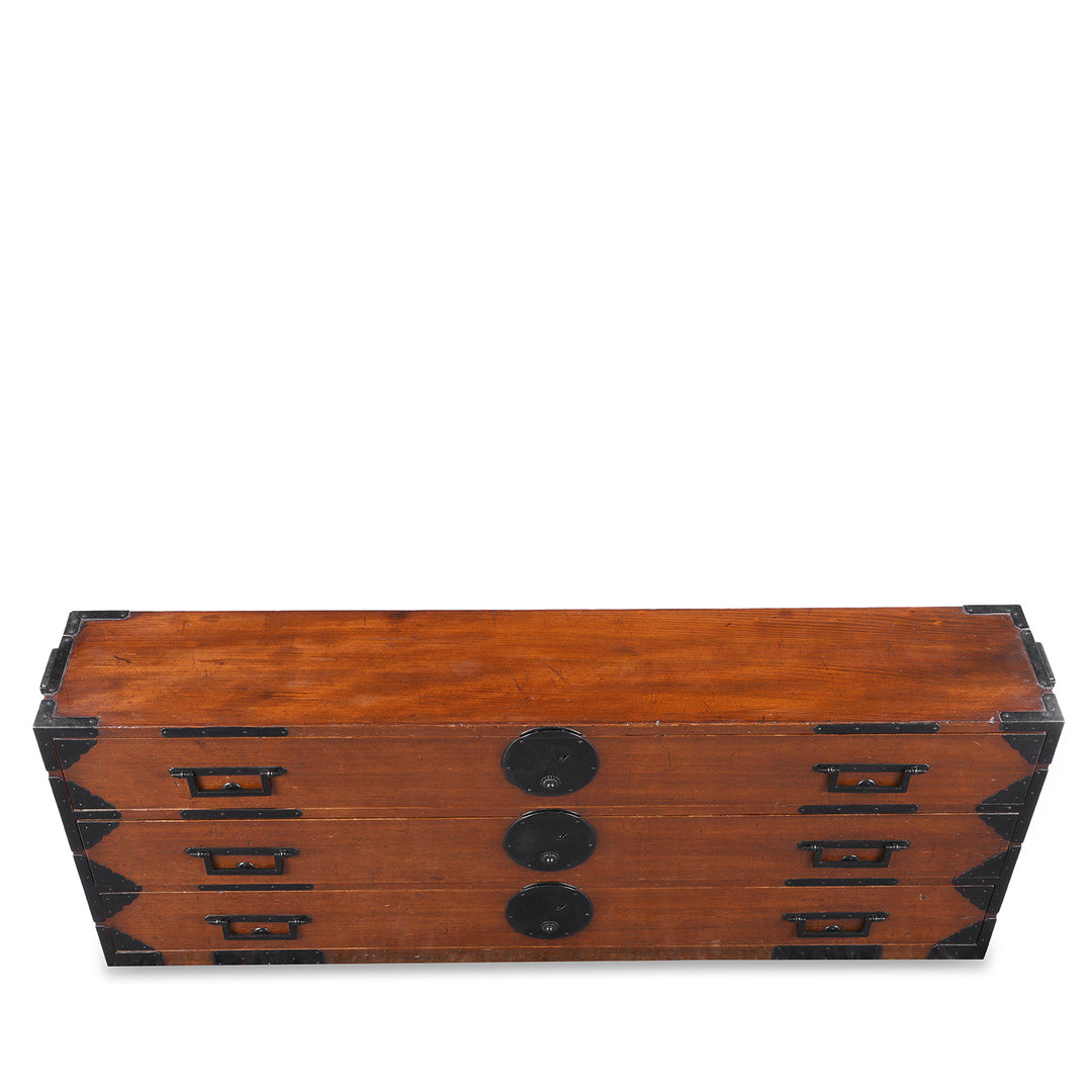 Top Down View Of Japanese Edo Period Katana Dansu Sword Chest In Cryptomeria With Three Long Drawers Hand Forged Iron Fittings And Side Carrying Handles | Indigo Antiques