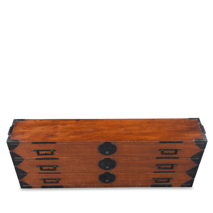 Top Down View Of Japanese Edo Period Katana Dansu Sword Chest In Cryptomeria With Three Long Drawers Hand Forged Iron Fittings And Side Carrying Handles | Indigo Antiques