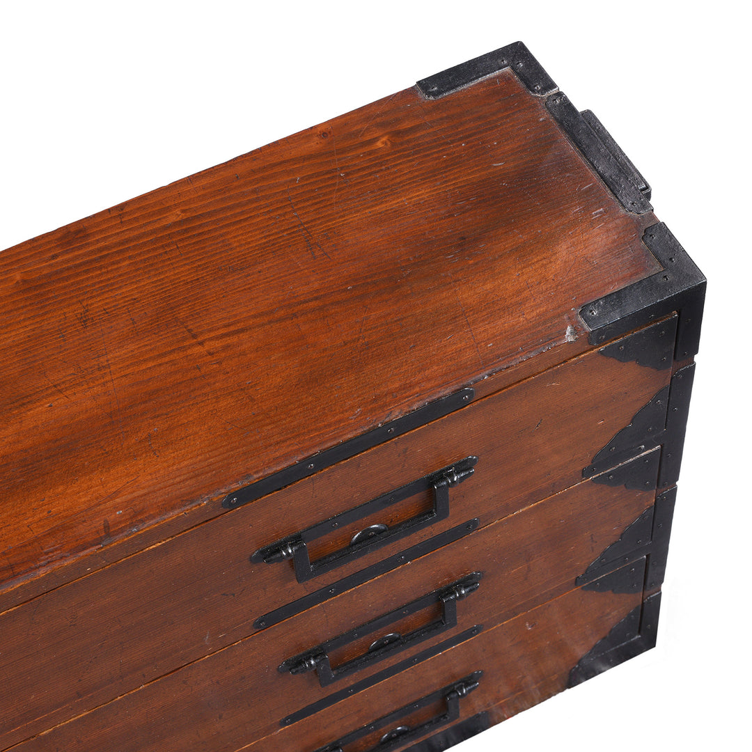 Corner Detail From Japanese Edo Period Katana Dansu Sword Chest In Cryptomeria With Three Long Drawers Hand Forged Iron Fittings And Side Carrying Handles | Indigo Antiques