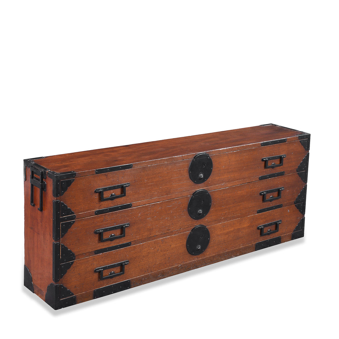 Angled View Of Japanese Edo Period Katana Dansu Sword Chest In Cryptomeria With Three Long Drawers Hand Forged Iron Fittings And Side Carrying Handles | Indigo Antiques